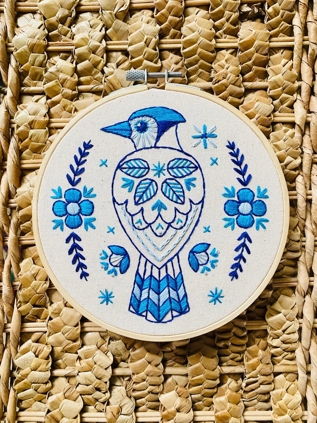 folk blue jay embroidery kit